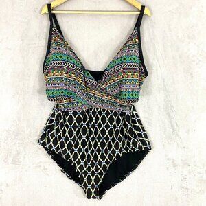 Clean Water One Piece Swimsuit Womens 24W Wirefree Black Geometric Multicolor